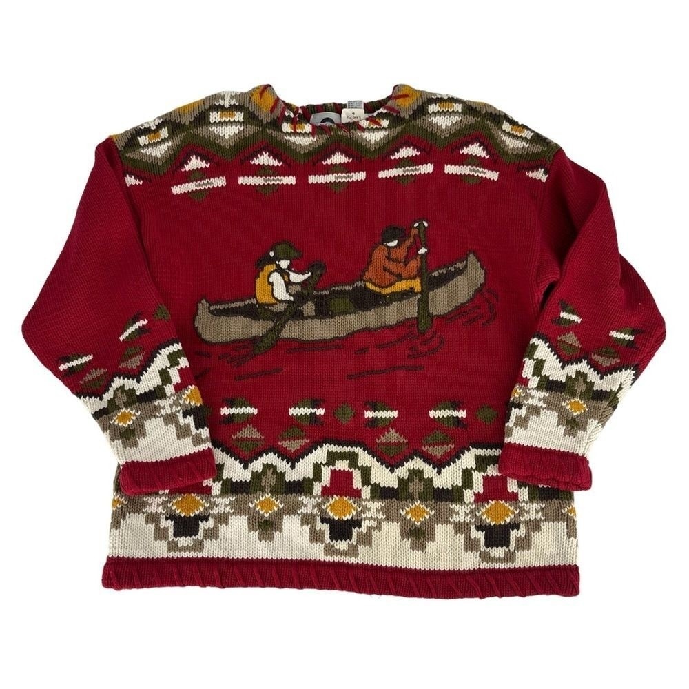 Classport Canoe Intarsia Sweater Men Large Red Vintage Fair Isle Cotton Handknit